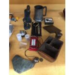 A MIXED LOT TO INCLUDE BAGGAGE SCALES, FIGURES, MULTI LENS HOOD, PEWTER TANKARD ETC.,