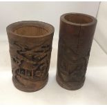 TWO VINTAGE ORIENTAL CARVED BAMBOO BRUSH POTS