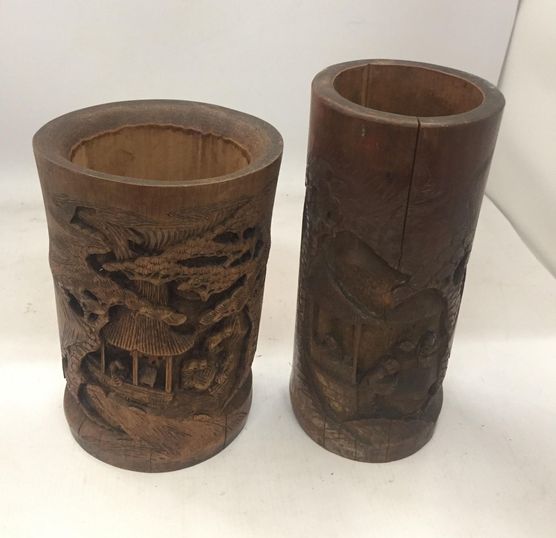 TWO VINTAGE ORIENTAL CARVED BAMBOO BRUSH POTS