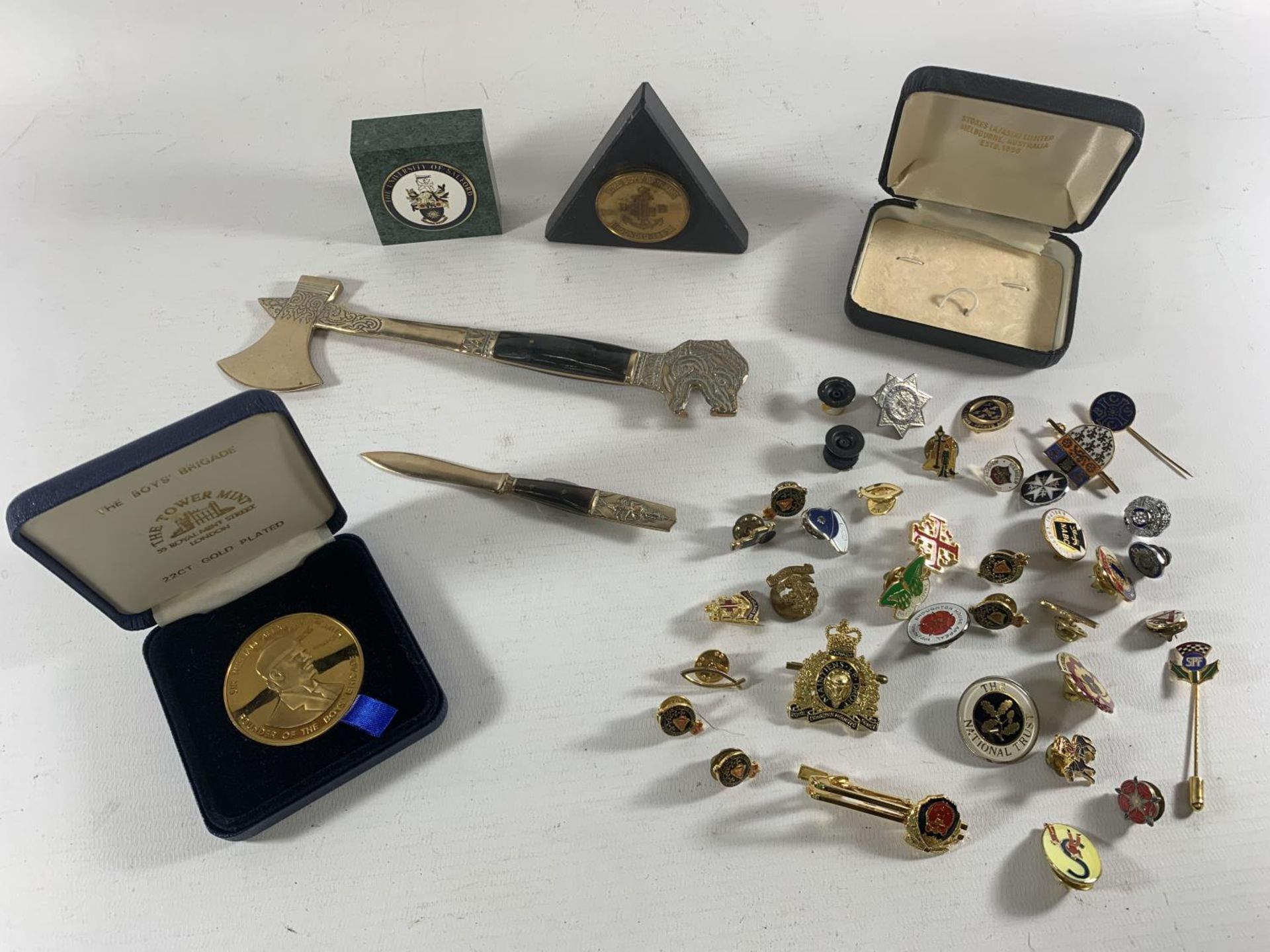 * TWO BOYS BRIGADE MEDALS, UNIVERSITY OF SALFORD PAPERWEIGHTS, AXE AND KNIFE, COLLECTION OF ENAMEL