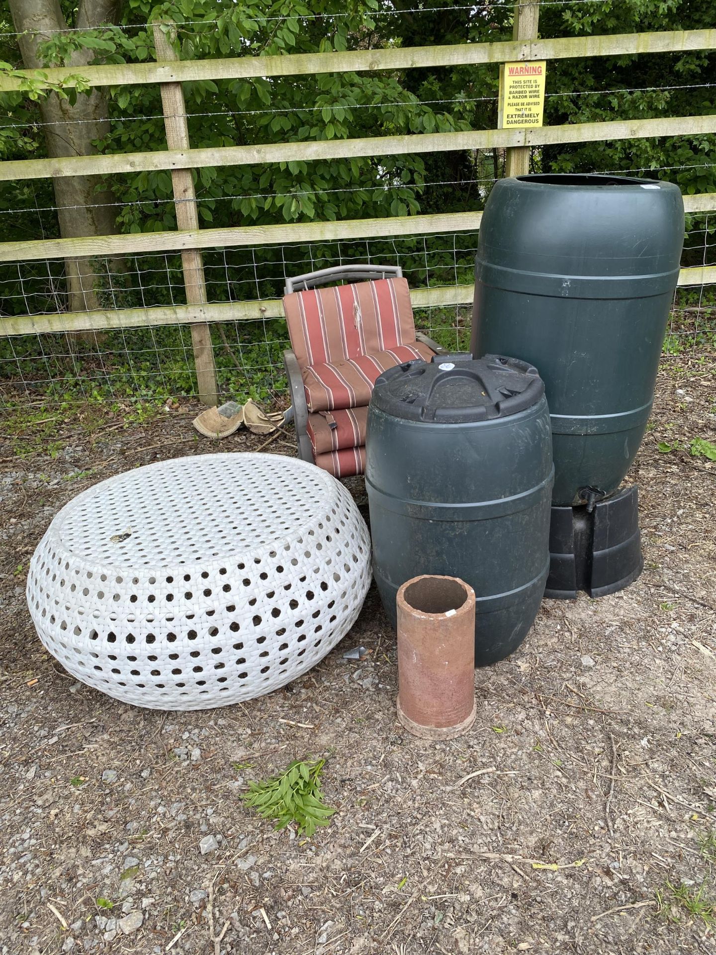 TWO WATER BUTTS, FOOTSTOOL AND CHAIRS