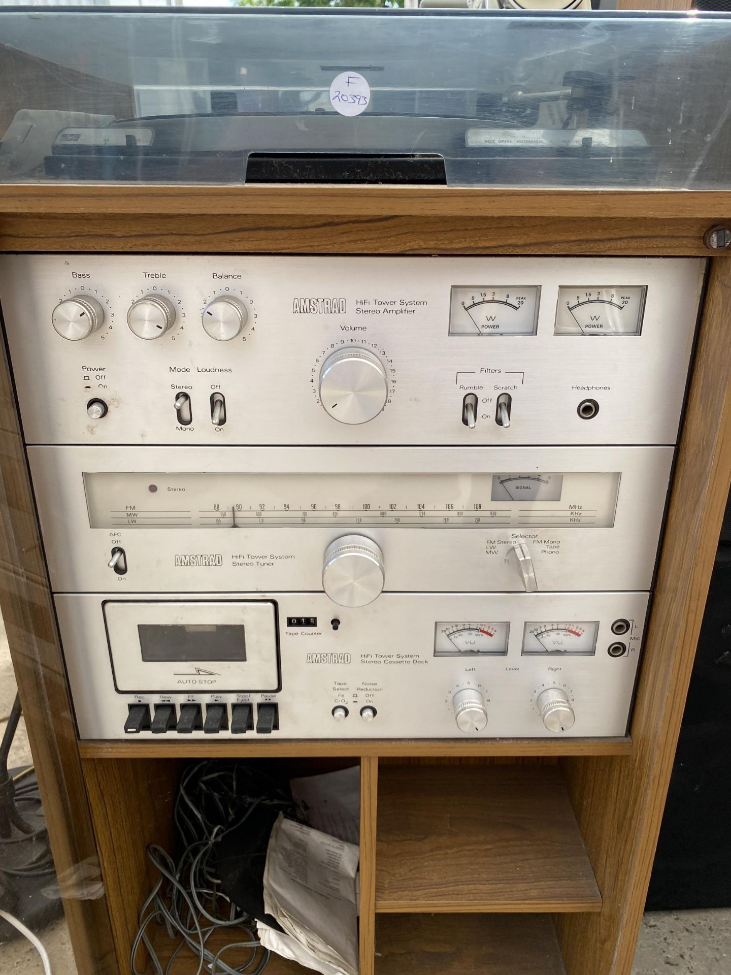 A TEAK RECORD CABINET WITH AN ASSORTMENT OF AMSTRAD STEREO EQUIPMENT AND TWO SPEAKERS - Image 2 of 2