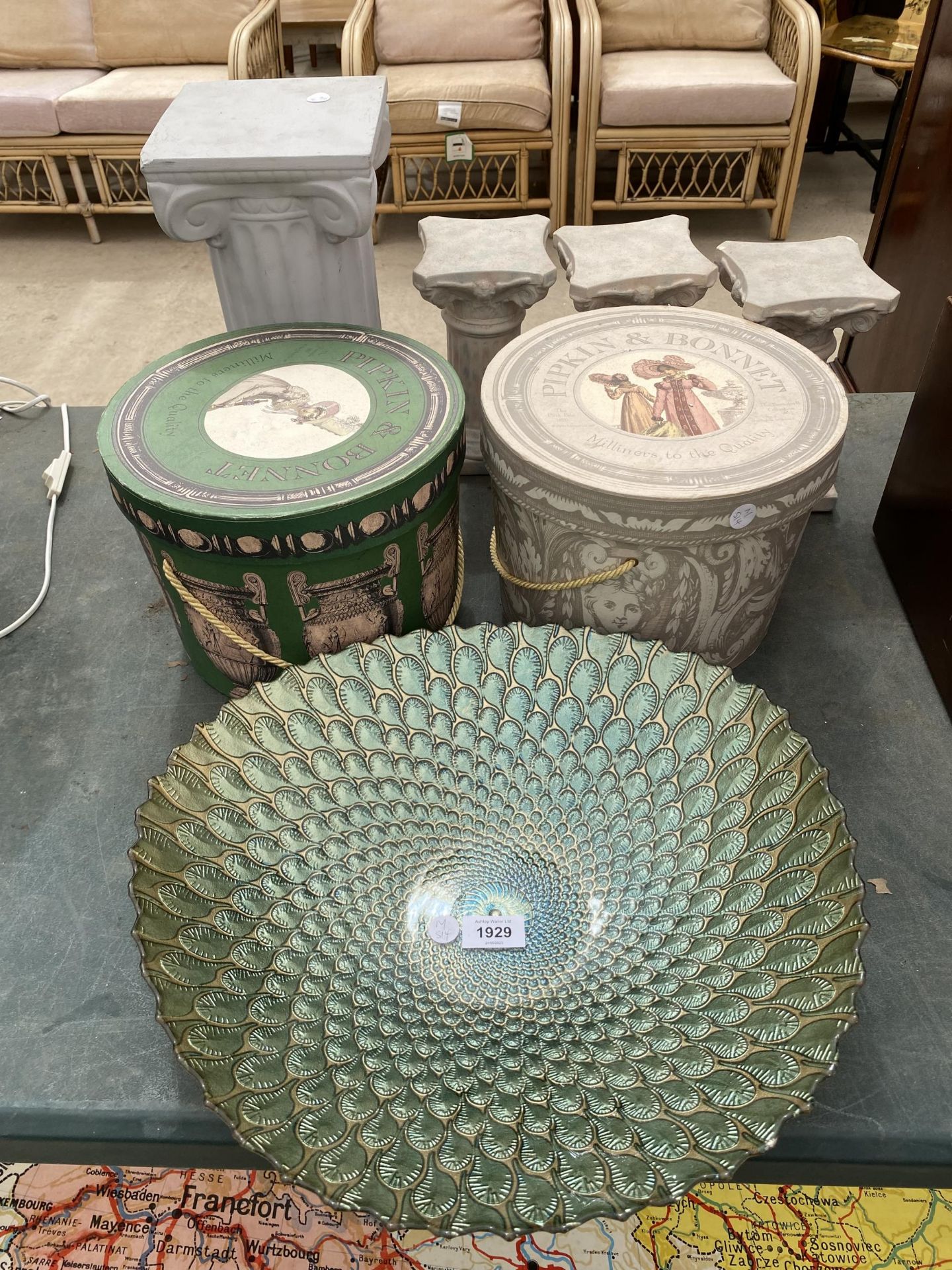 A DECORATIVE GLASS BOWL, HAT BOXES AND FOUR COLUMN STANDS