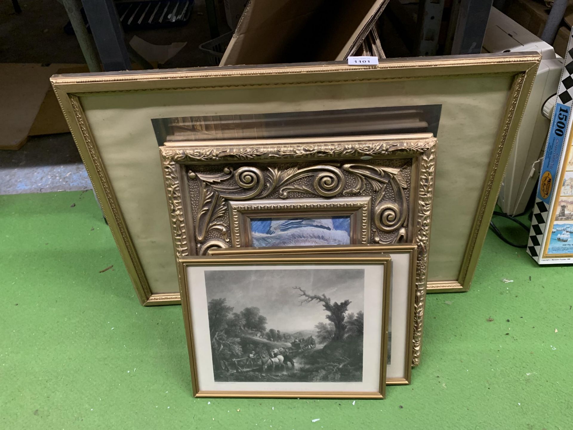A GROUP OF FIVE FRAMED PRINTS TO INCLUDE GILT FRAMED VAN GOGH PRINT, CROSSING THE STREAM ENGRAVING