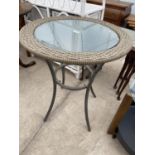 A METALWARE PATIO TABLE WITH GLASS INSET TOP, 23" DIAMETER