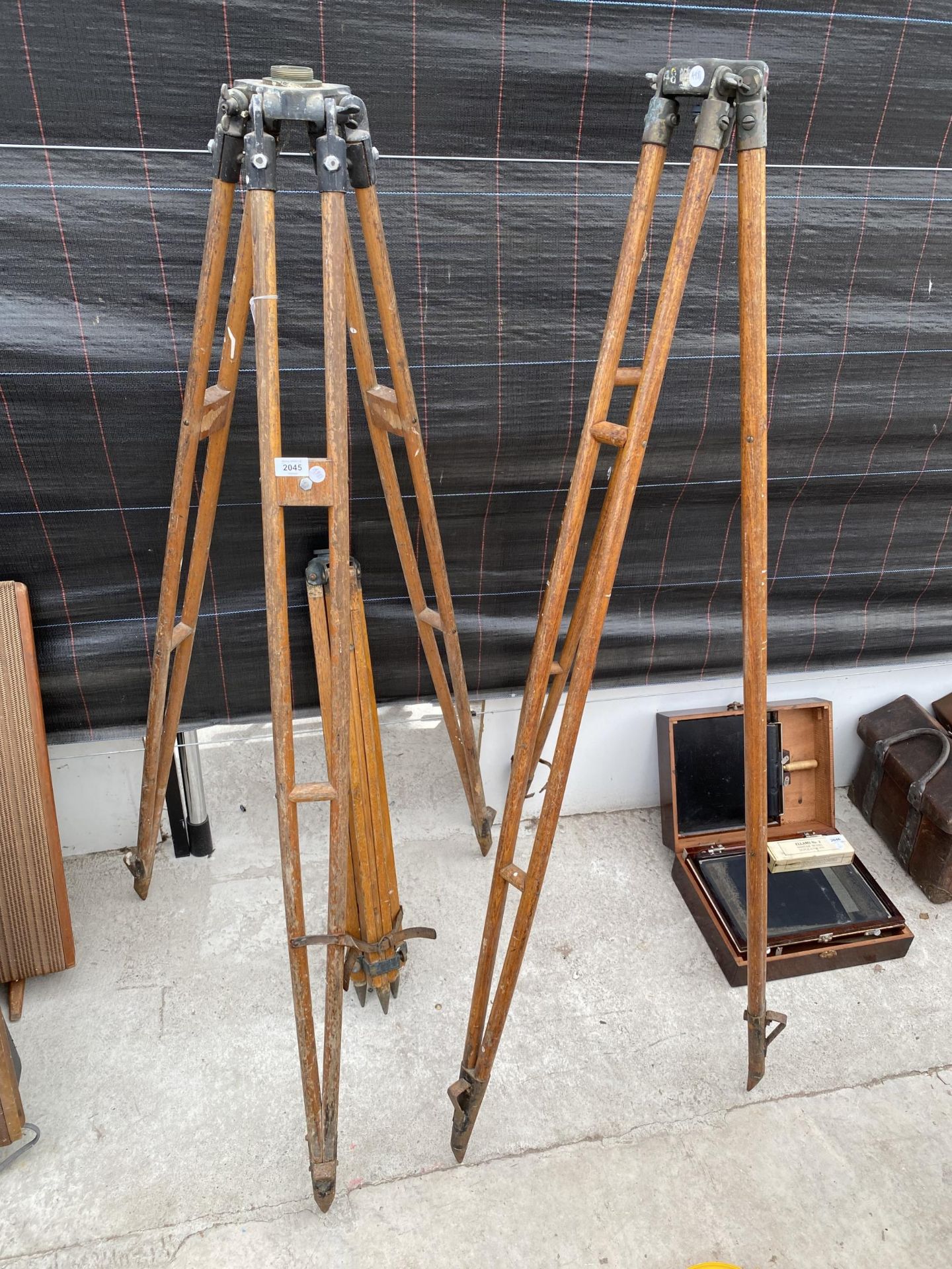 THREE LARGE VINTAGE WOODEN TRIPOD STANDS