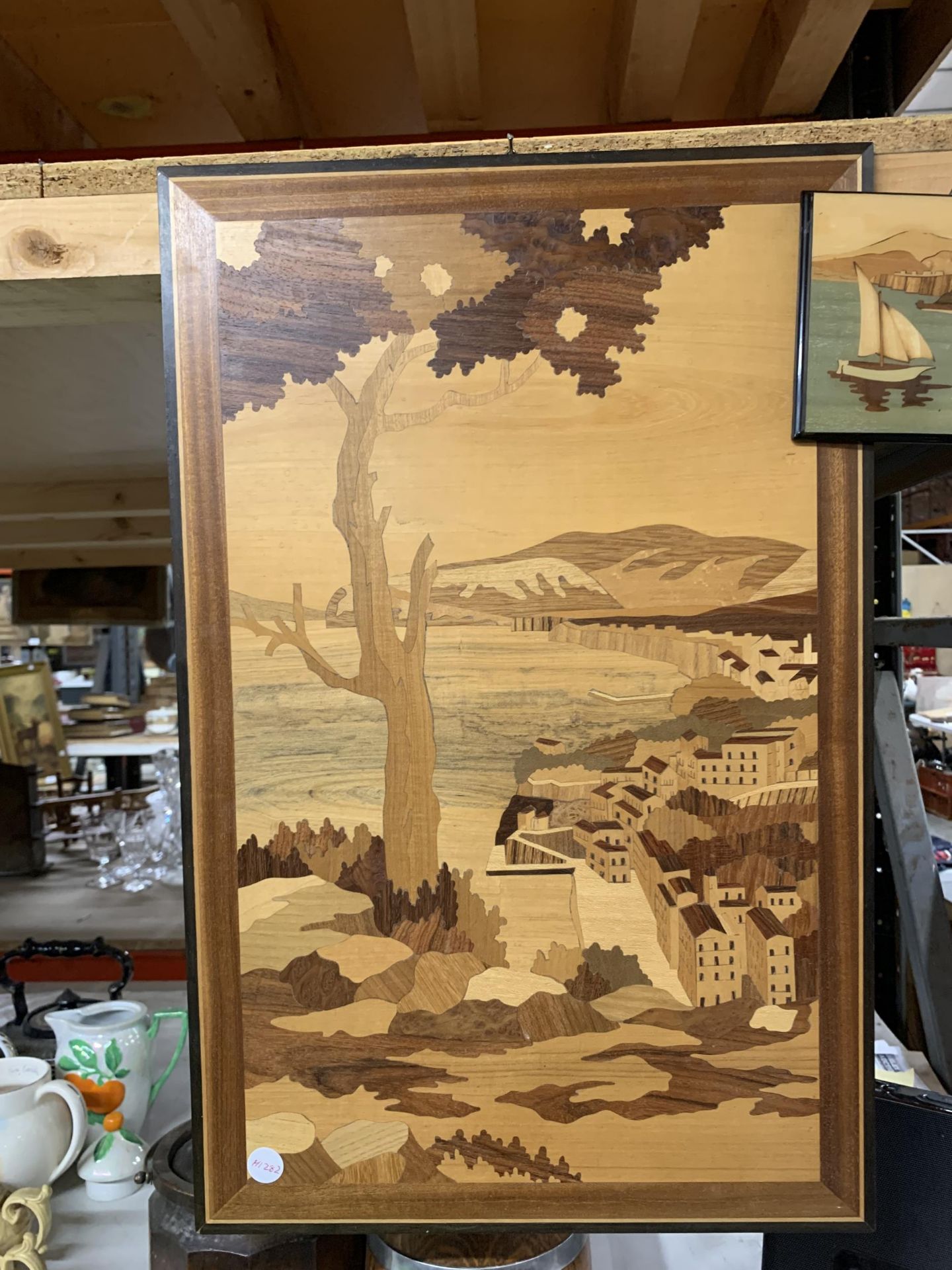A VINTAGE MARQUETRY DESIGN WOODEN PICTURE AND SMALLER EXAMPLE - Image 3 of 4