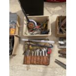 A MIXED LOT OF VINTAGE TOOLS, SPANNER SET IN FOLDING CASE ETC