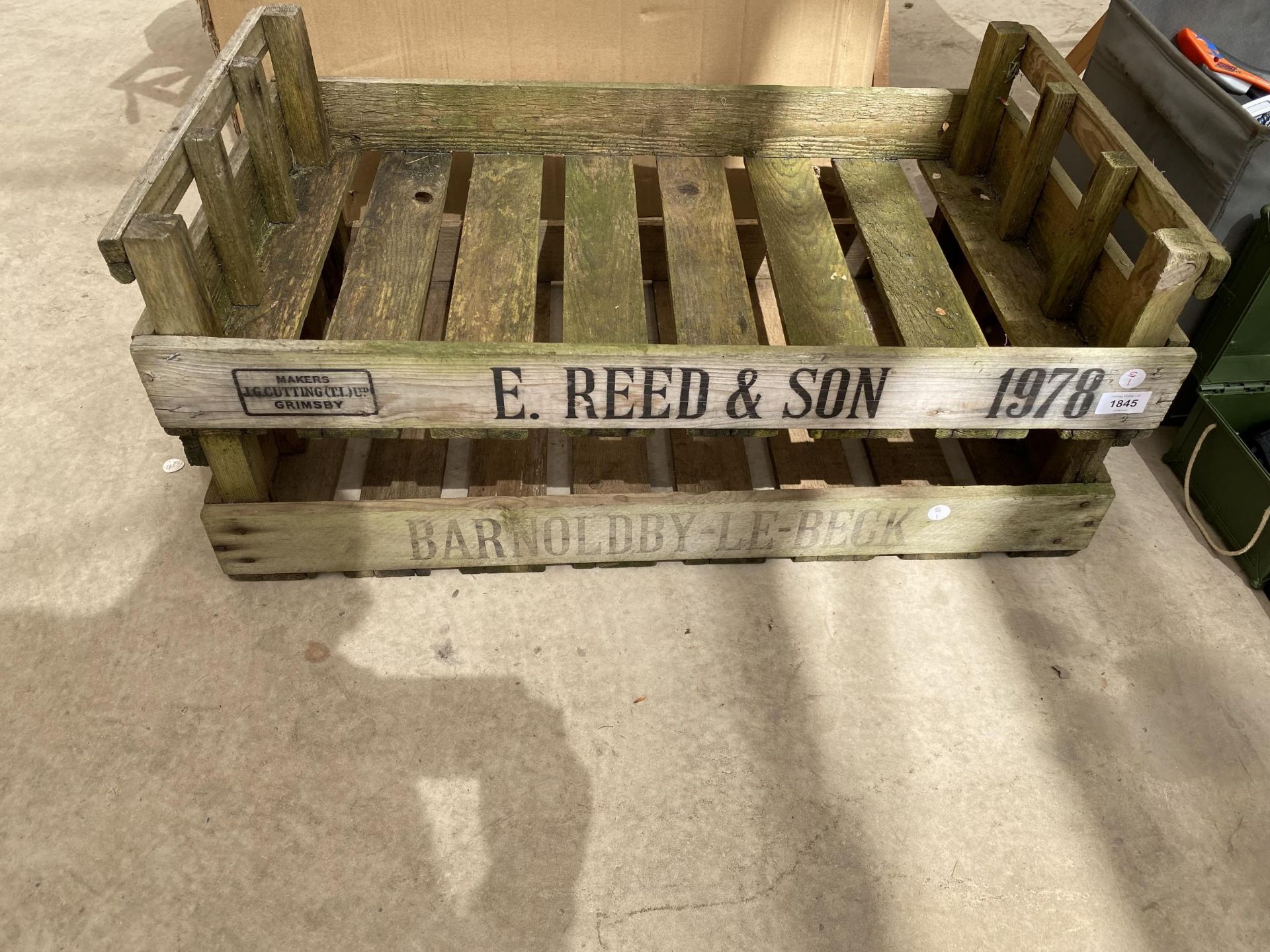 TWO VINTAGE WOODEN APPLE / POTATO TRAYS, E.REED & SON, BAROLDBY-LE-BECK