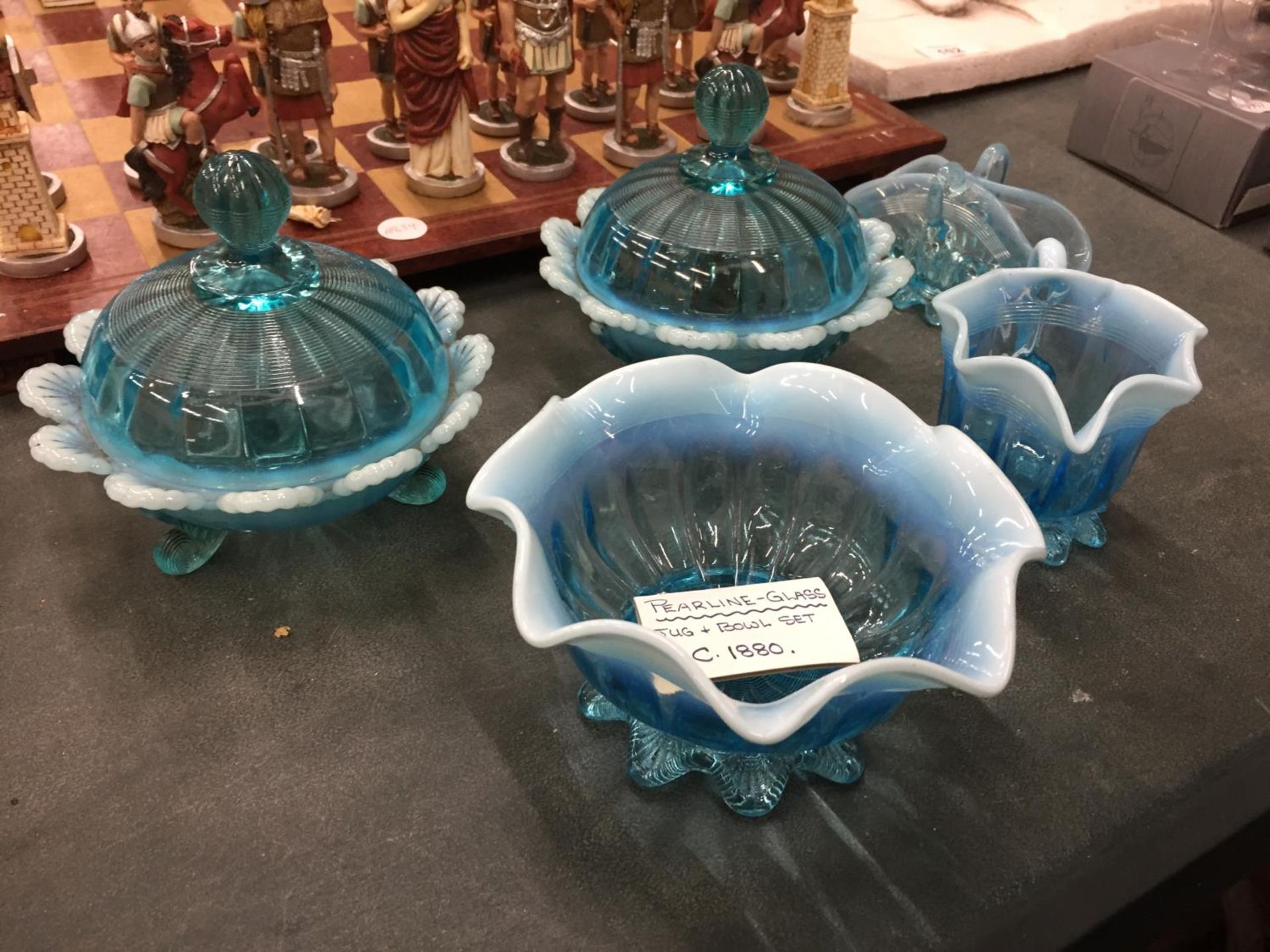 A CIRCA 1880 PEARLINE GLASSWARE BOWL AND JUG PLUS TWO BON-BON DISHES AND A SMALL BASKET - Image 2 of 3