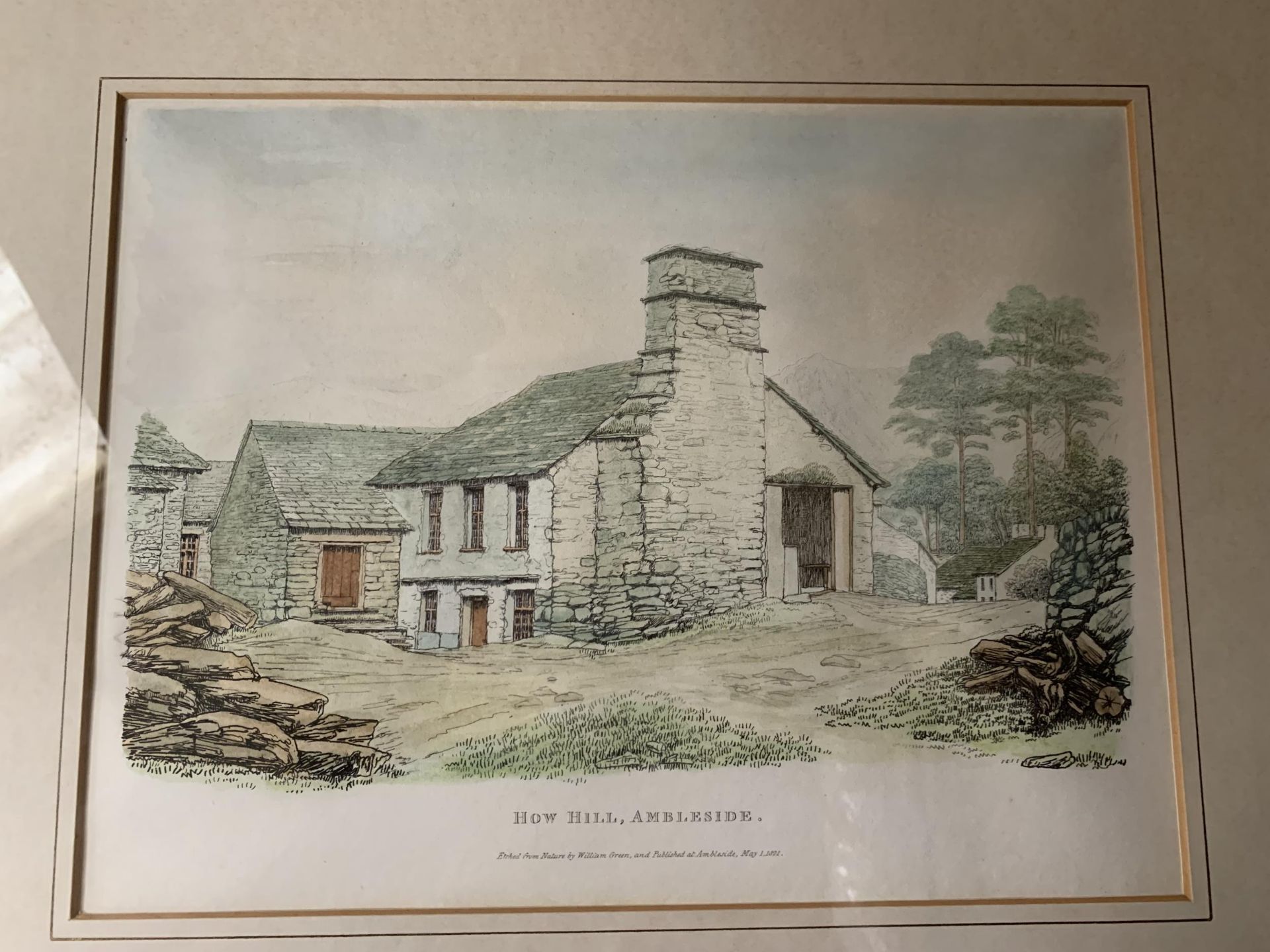 * 'HOW HILL AMBLESIDE' COLOURED PRINT DATED 1821, 25 X 32CM, VERSO WITH PRESENTATION CARD TO JAMES - Image 2 of 5