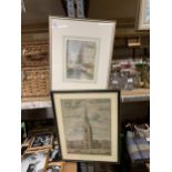 TWO ITEMS - FRAMED ENGRAVING OF PARLIAMENT AND ABSTRACT VENICE WATERCOLOUR