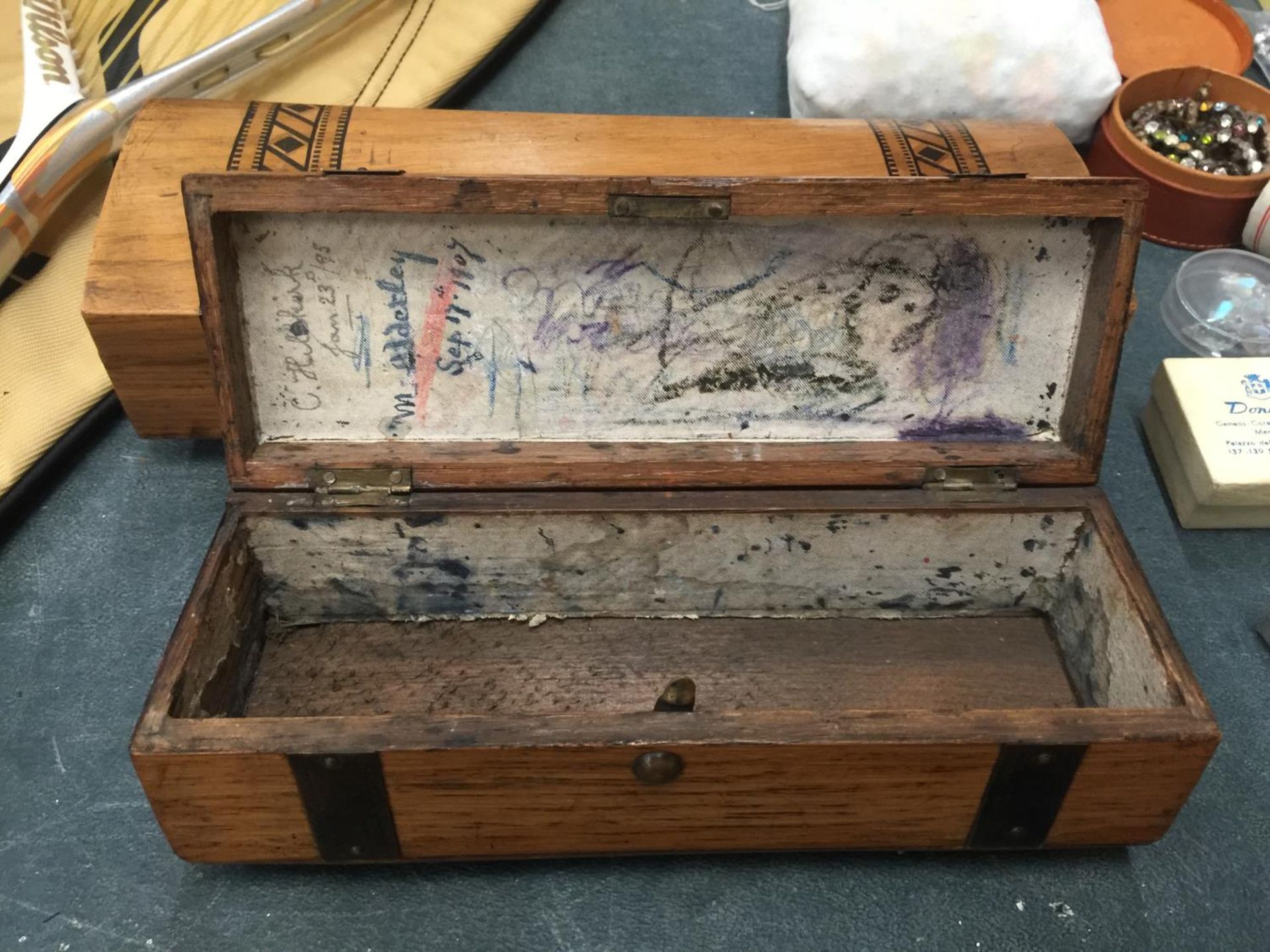 TWO VINTAGE WOODEN GLOVE BOXES - ONE INLAID AND ONE METAL BOUND - Image 2 of 4