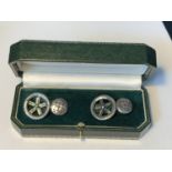 A PAIR OF SILVER MOTORING GEAR CUFFLINKS IN A PRESENTATION BOX