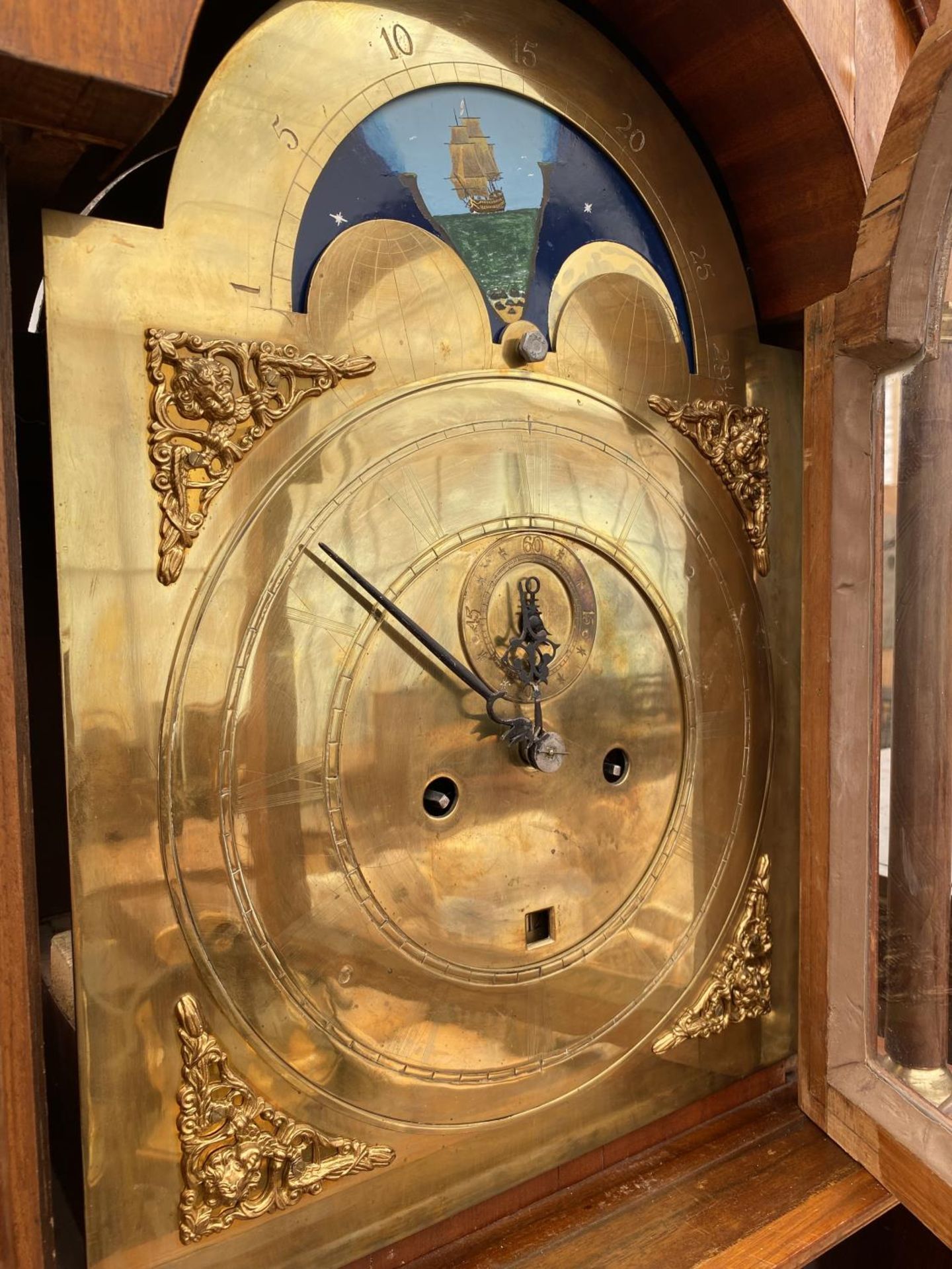 AN EIGHT-DAY BRASS FACED ROLLING MOON LONGCASE CLOCK MOVEMENT, IN LATER CASE - Image 5 of 7