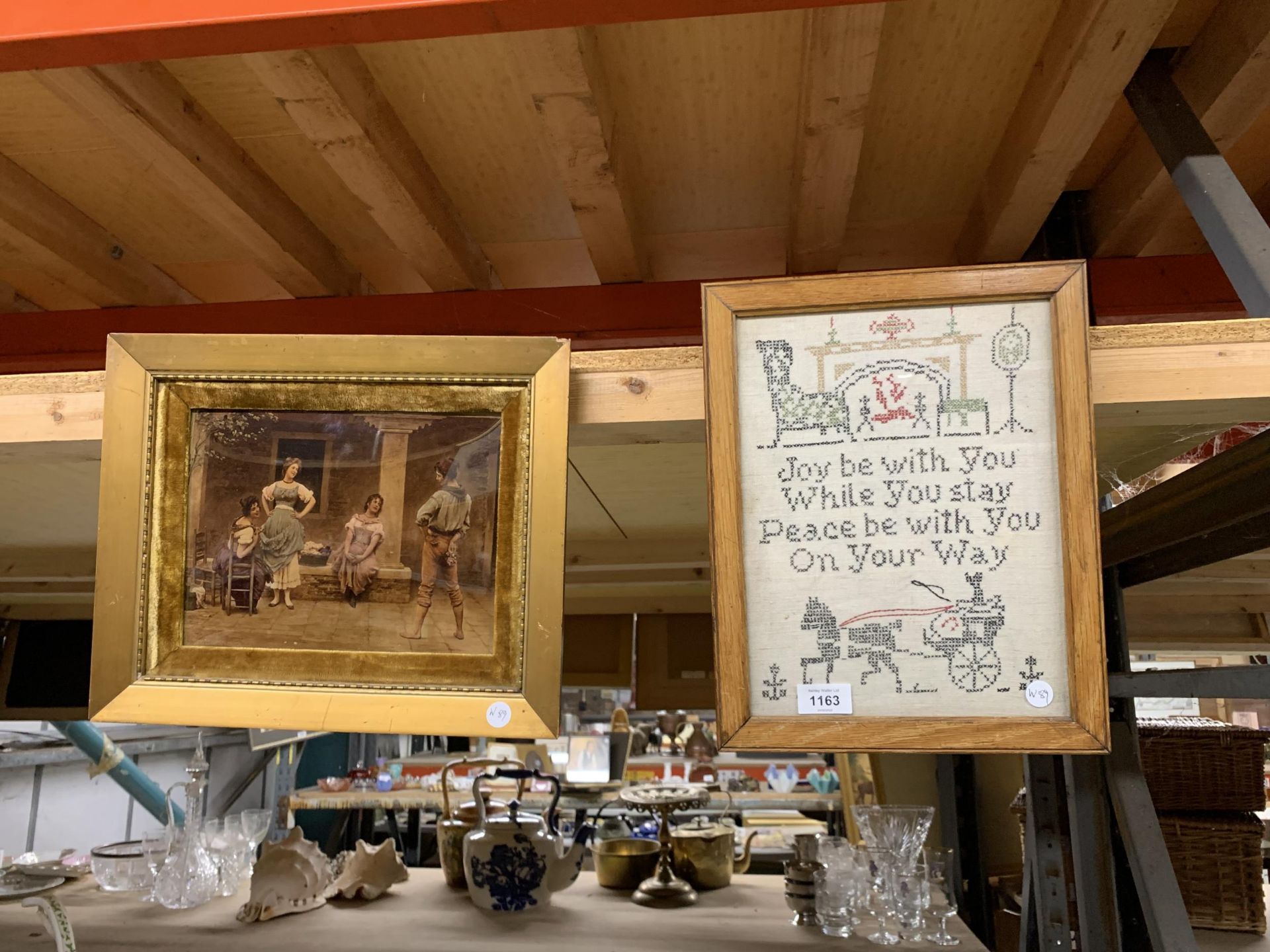 TWO ITEMS - GILT FRAMED CRYSTOLEUM AND A TAPESTRY SAMPLER