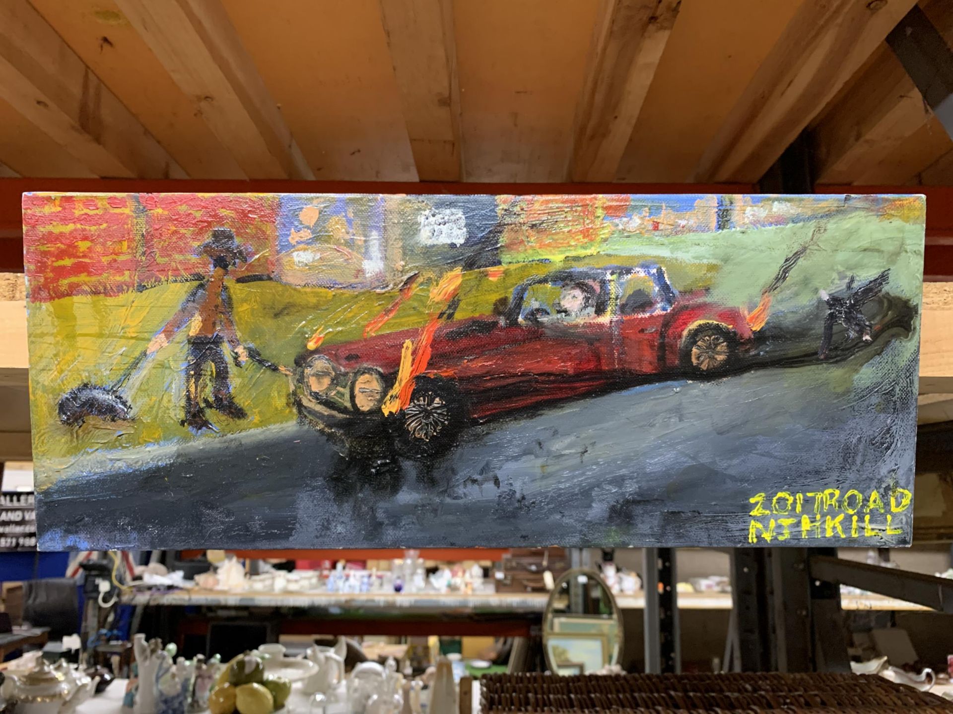 THREE PICTURES - MODERN OIL OF A CAR, VICTORIAN OIL ON CANVAS SIGNED E.M.H AND MODERN CANVAS - Image 2 of 4