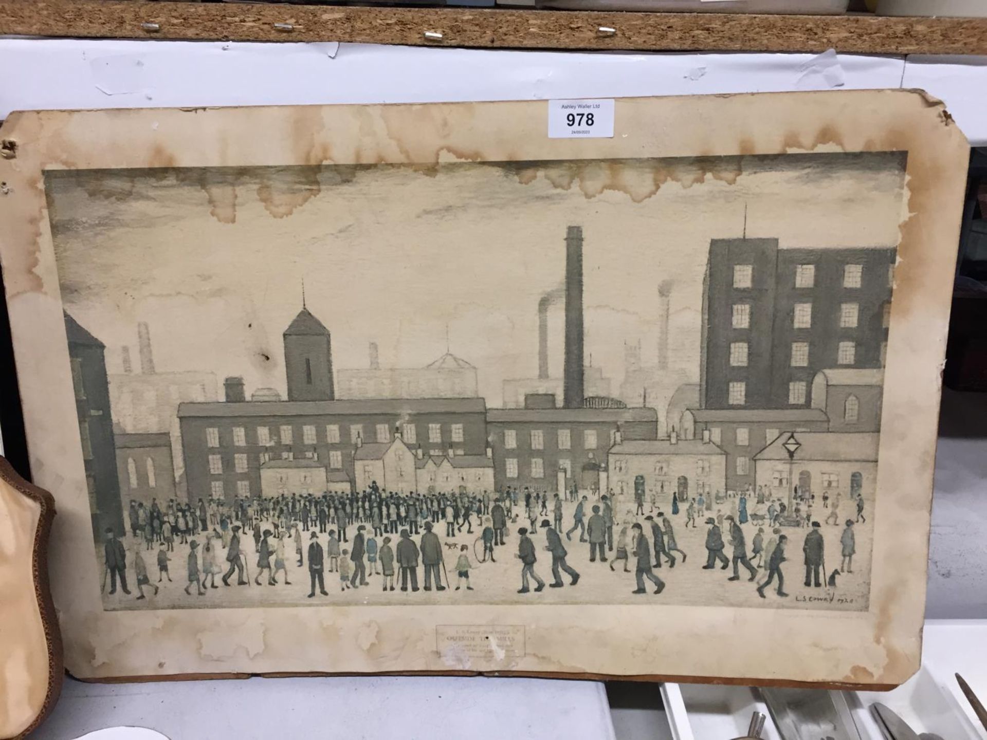 AN L S LOWRY PRINT ON BOARD - VERY FADED