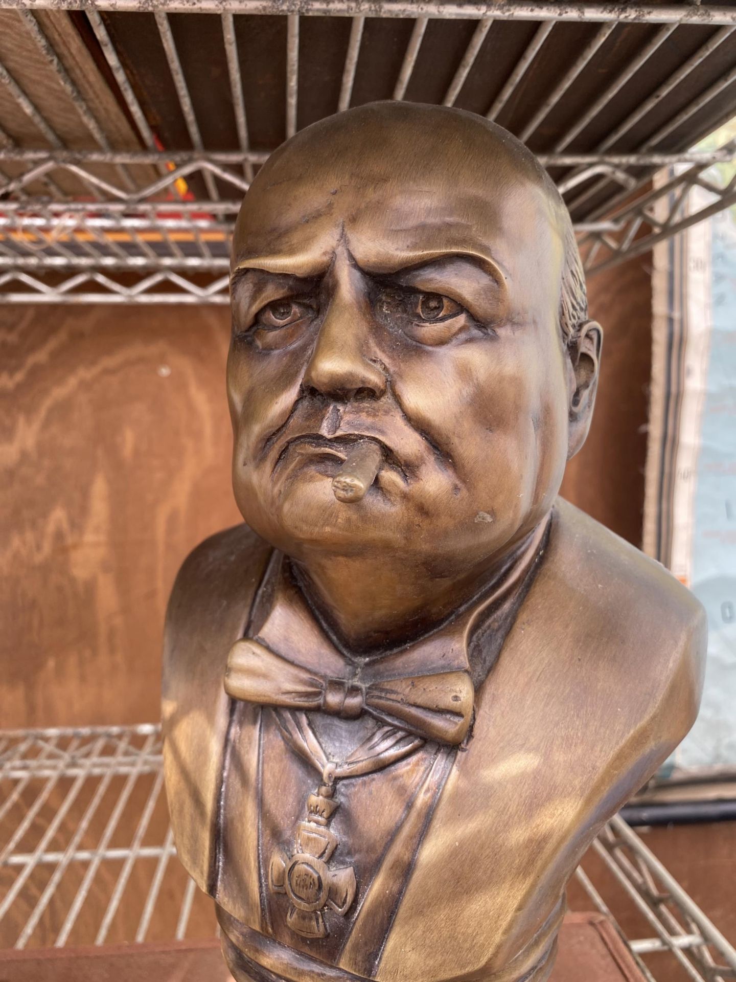 A REPRODUCTION BRONZE BUST OF WINSTON CHURCHILL ON MARBLE BASE - Image 3 of 3