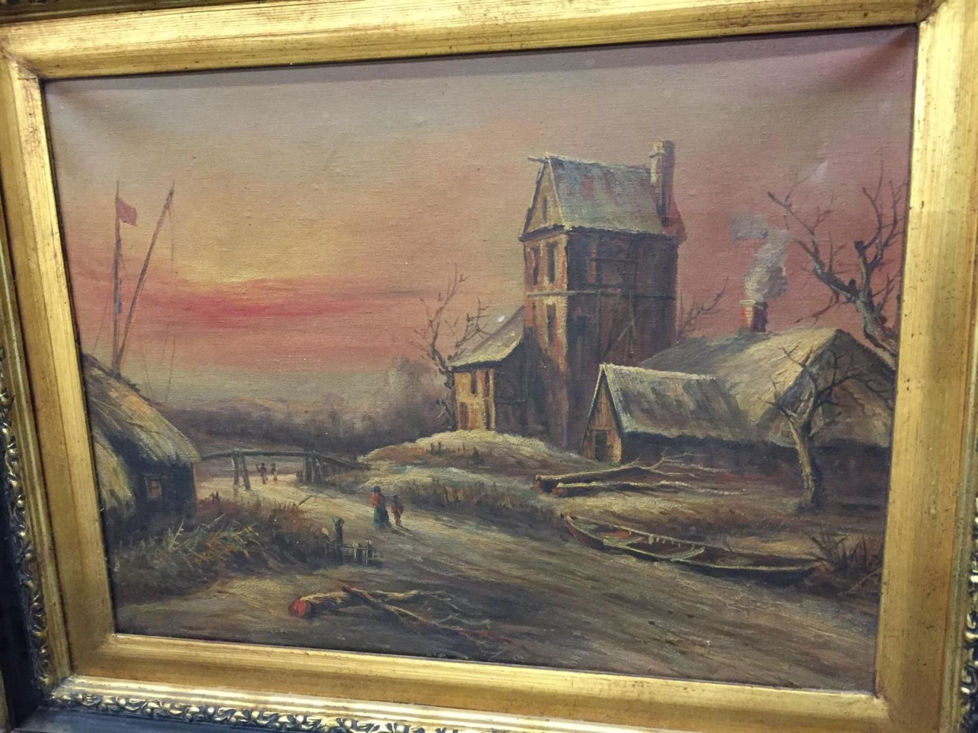 A VINTAGE OIL ON CANVAS DUTCH PAINTING IN A BLACK AND GILT FRAME 59CM X 49CM - Image 3 of 4