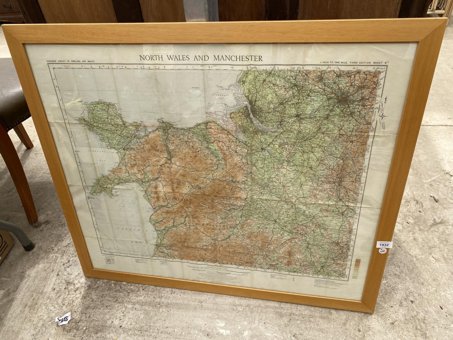 A PINE FRAMED MAP OF NORTH WALES AND MANCHESTER