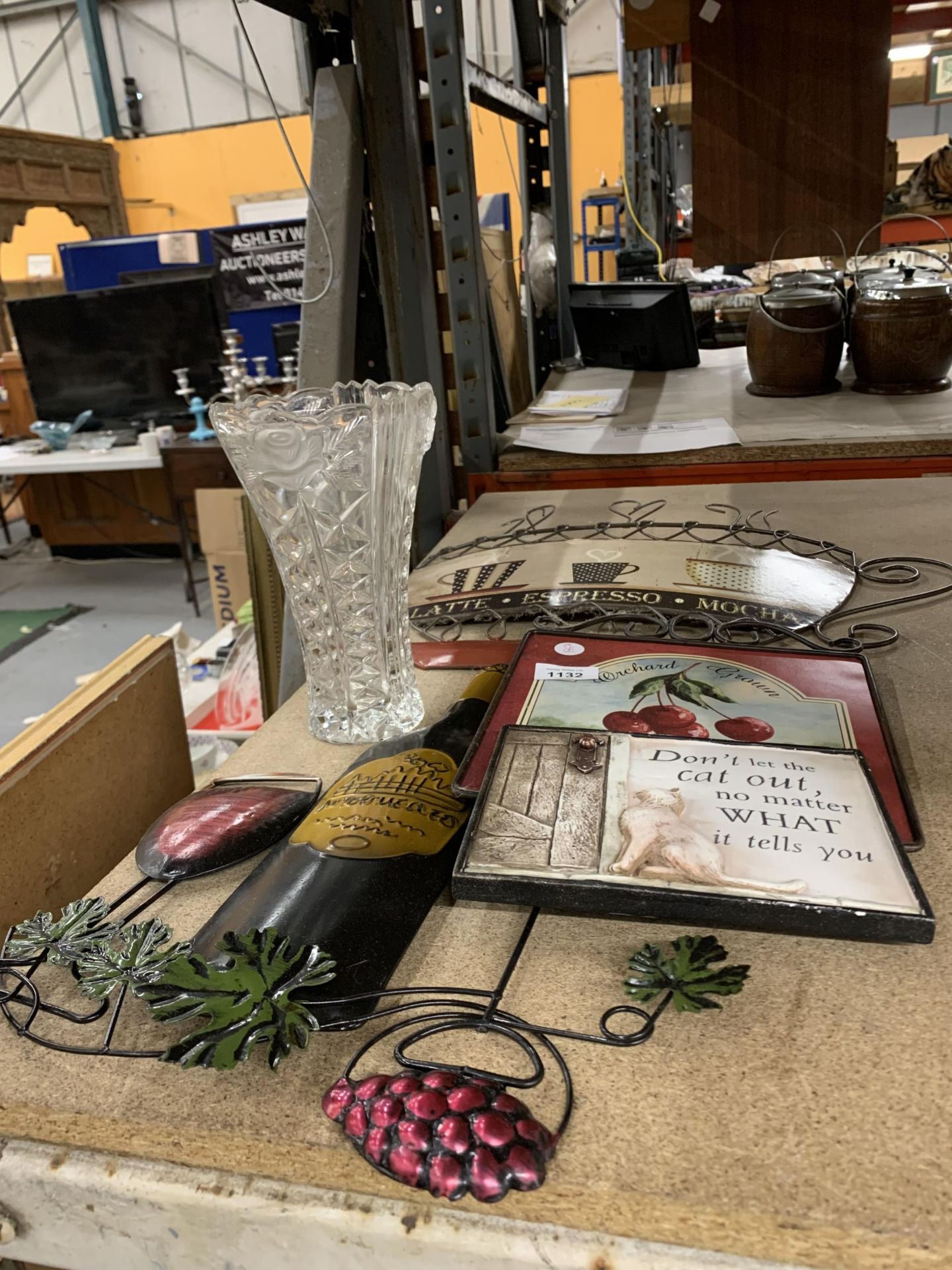 A GROUP OF METAL FRAMED SIGNS AND A CUT GLASS VASE