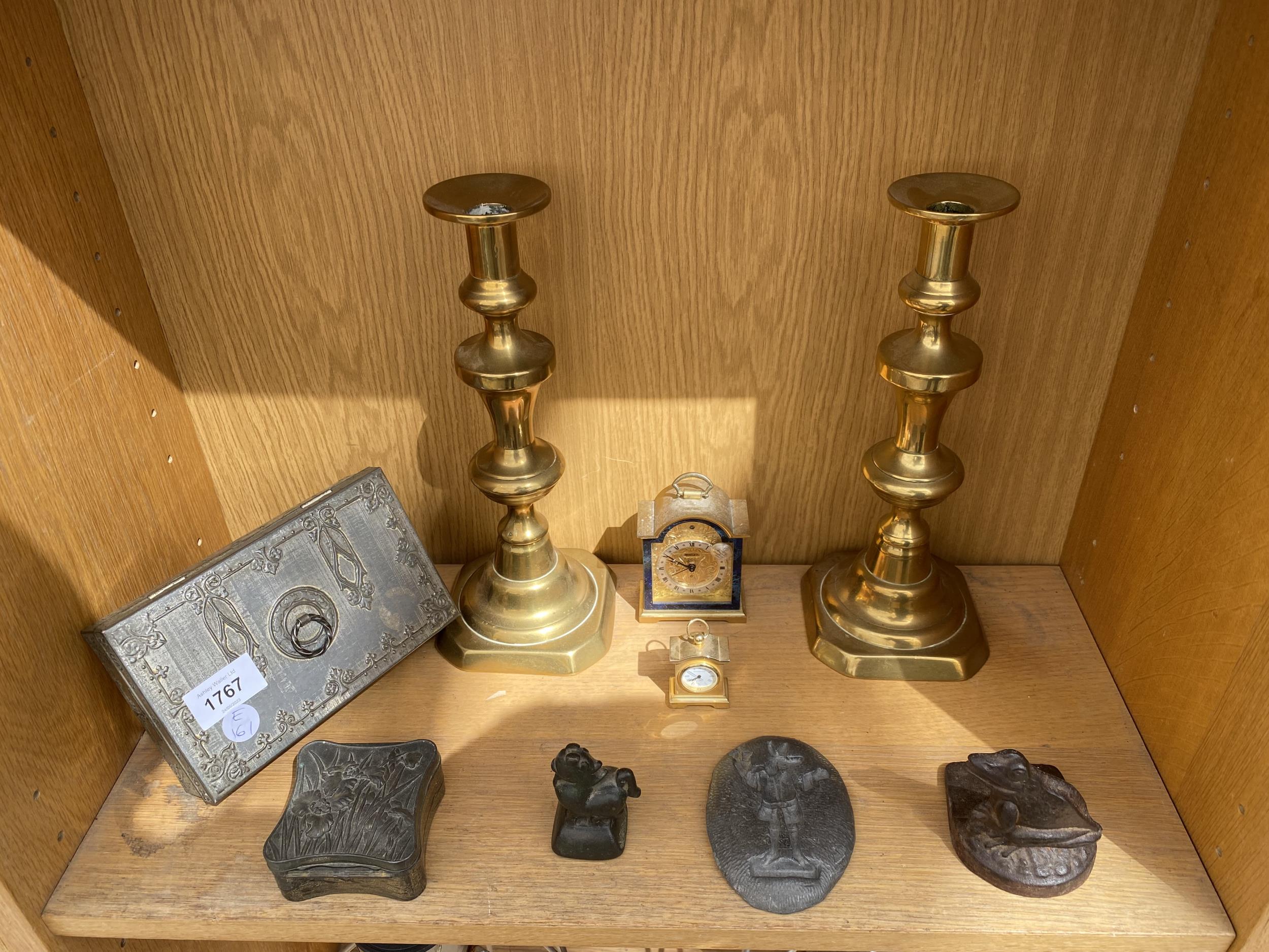 A MIXED GROUP OF ITEMS, PAIR OF BRASS CANDLESTICKS, SWIZA SWISS MANTLE CLOCK ETC