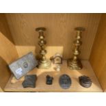 A MIXED GROUP OF ITEMS, PAIR OF BRASS CANDLESTICKS, SWIZA SWISS MANTLE CLOCK ETC