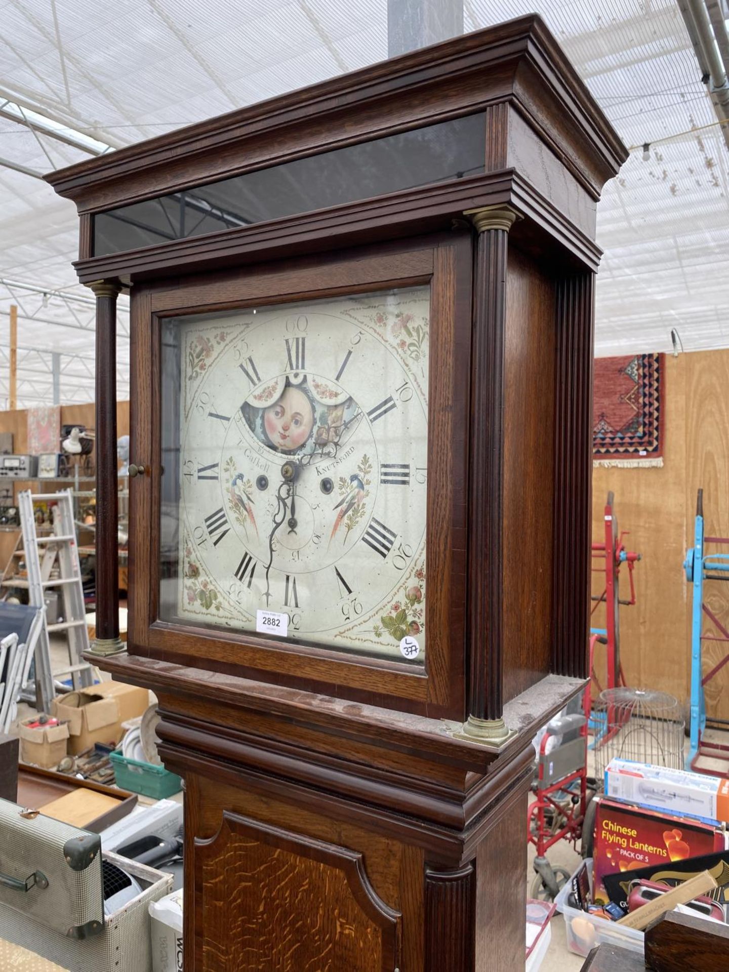 AN 18TH CENTURY OAK AND CROSSBANDED EIGHT DAY LONGCASE CLOCKW ITH ROLLING MOON ENAMEL DIAL, T. - Image 2 of 6