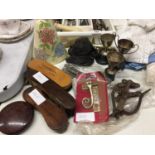 A MIXED LOT TO INCLUDE SMALL SILVER PLATED TROPHIES, WINDOW FURNITURE, TWO WALL POCKETS, ETC