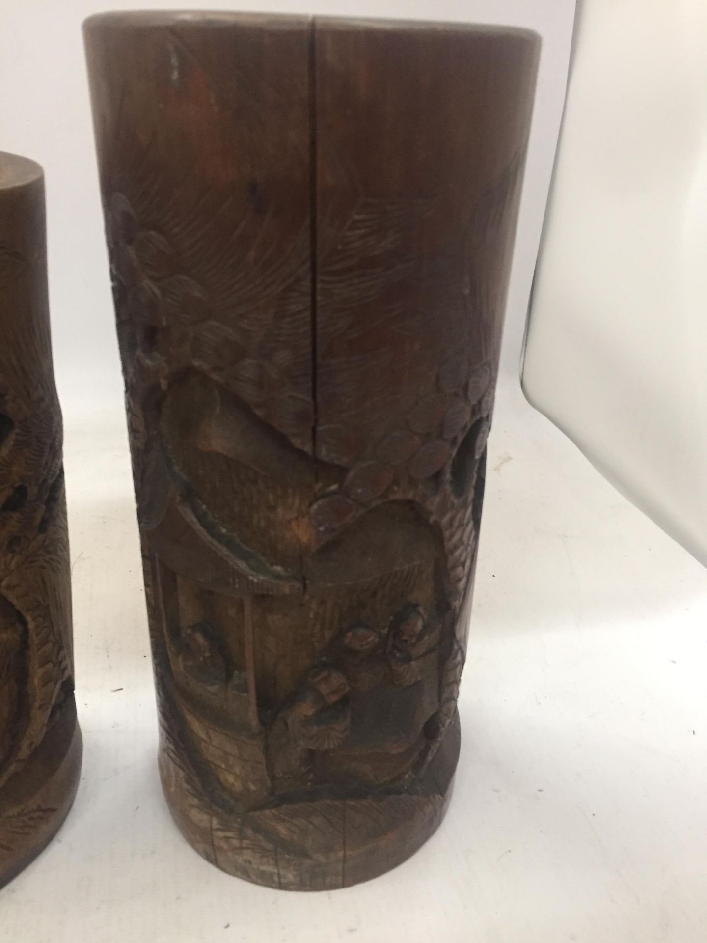 TWO VINTAGE ORIENTAL CARVED BAMBOO BRUSH POTS - Image 3 of 4