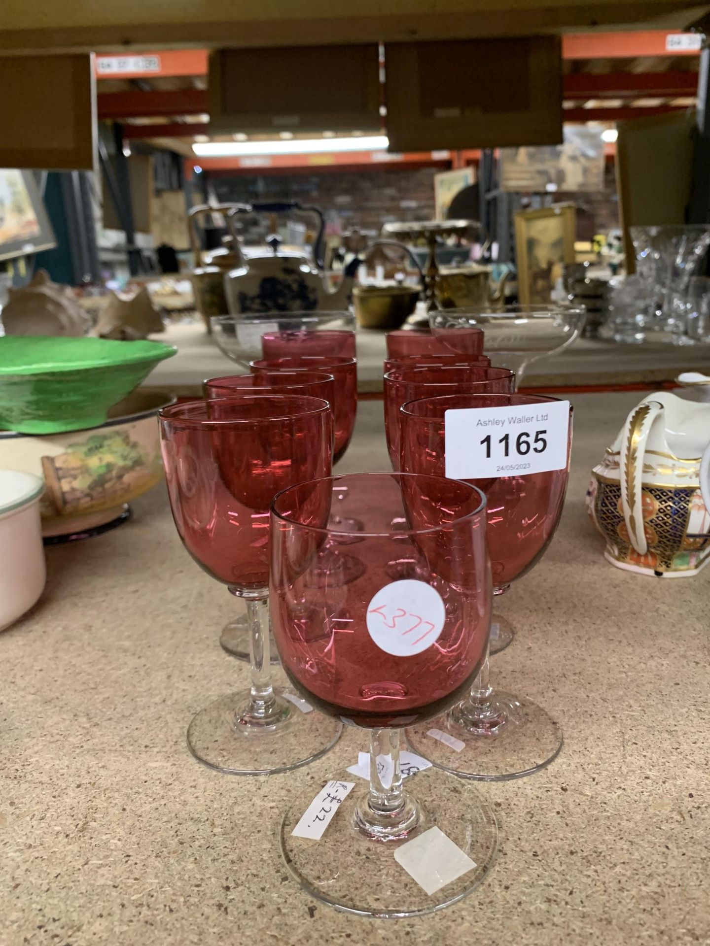 A GROUP OF CRANBERRY GLASS SHERRY GLASSES ETC