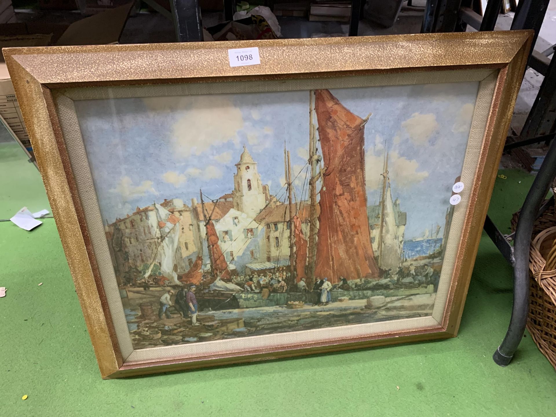 A LARGE GILT FRAMED PRINT OF A BOATING SCENE, UNSIGNED