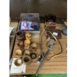 A GROUP OF WOODEN CUPS, VINTAGE CASED CAMERA ETC