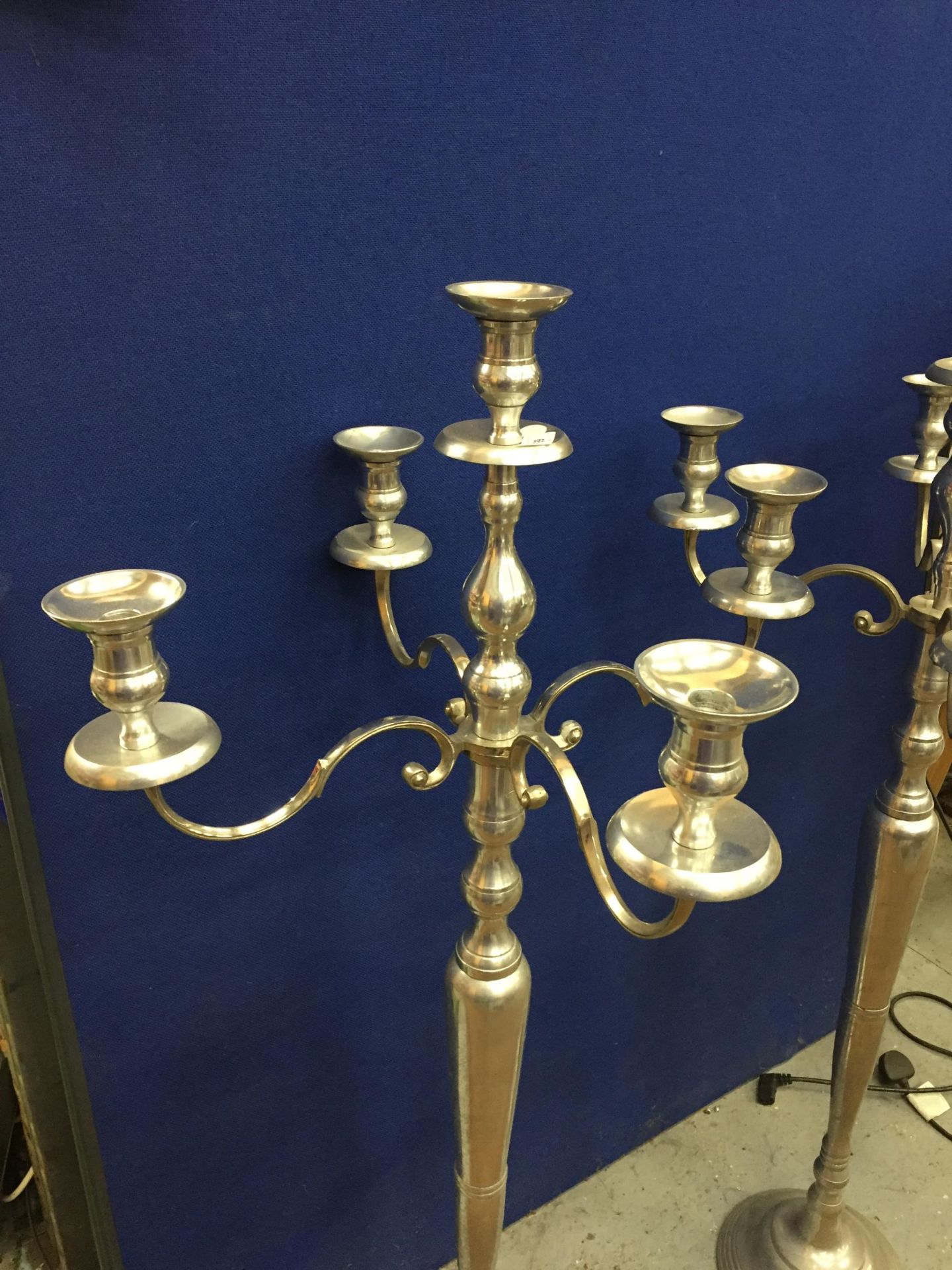 A LARGE PAIR OF CHROME EFFECT FLOOR STANDING CANDLEABRA - Image 2 of 4