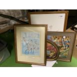 TWO FRAMED PRINTS, ONE OF A HUNT, THE OTHER FLOWERS, A TAPESTRY AND A 3-D PICTURE OF A LADY IN AN