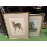 TWO ITEMS - PENCIL SIGNED PRINT OF A DOE AND SIGNED WATERCOLOUR OF A HOUSE