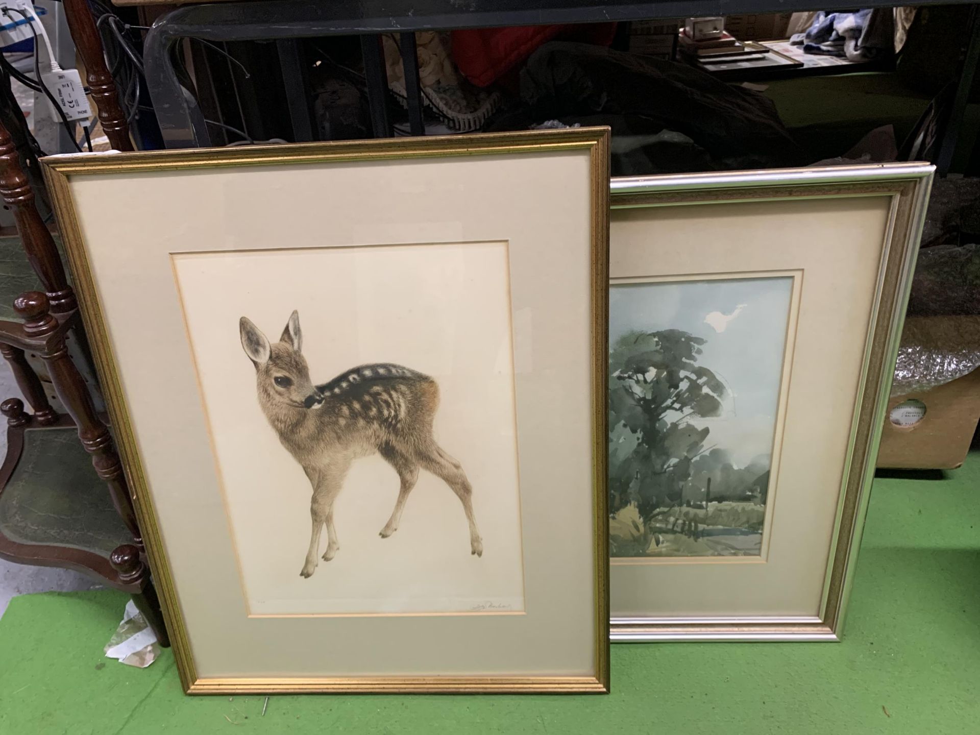 TWO ITEMS - PENCIL SIGNED PRINT OF A DOE AND SIGNED WATERCOLOUR OF A HOUSE