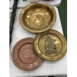 A LARGE BRASS BOWL PLUS A BRASS AND A COPPPER PLAQUE