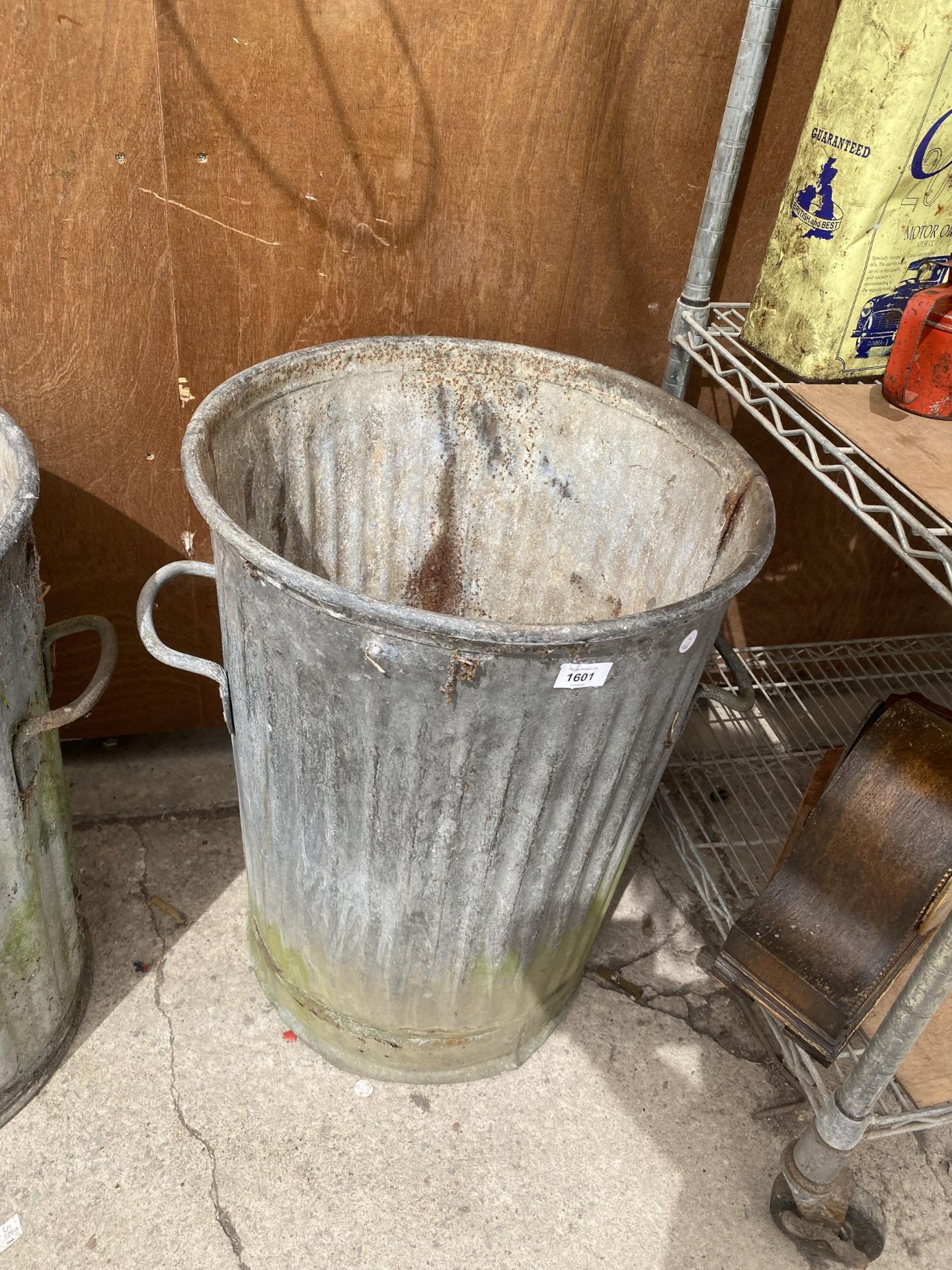 TWO VINTAGE HEAVY GALVANISED DUSTBIN PLANTERS - Image 2 of 4