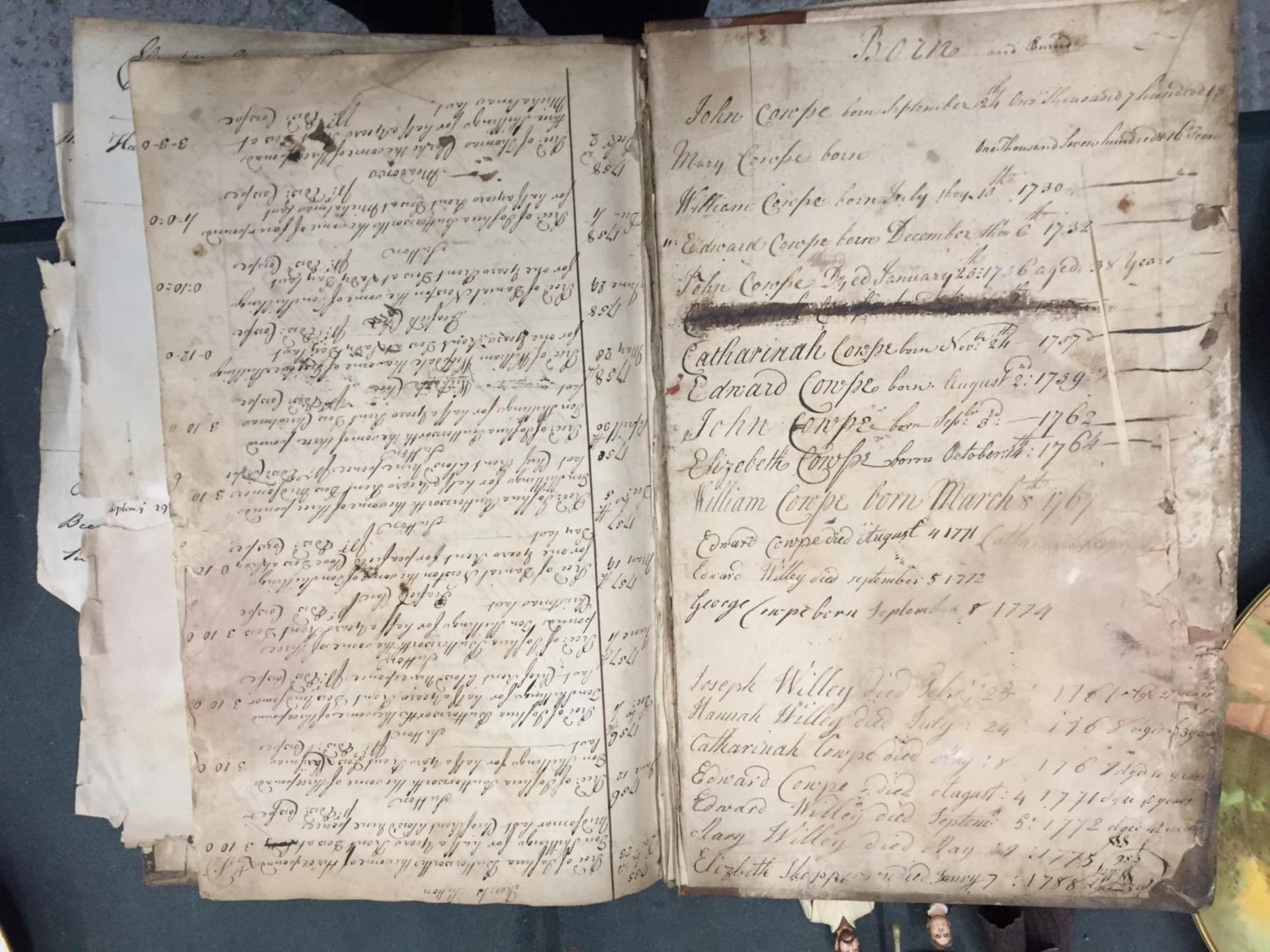 AN ANTIQUE SHIPPING LEDGER DATED 1756 IN THE NAME POSSIBLY OF EDWARD COWPE (INDECIPHERABLE) ALSO - Image 2 of 2