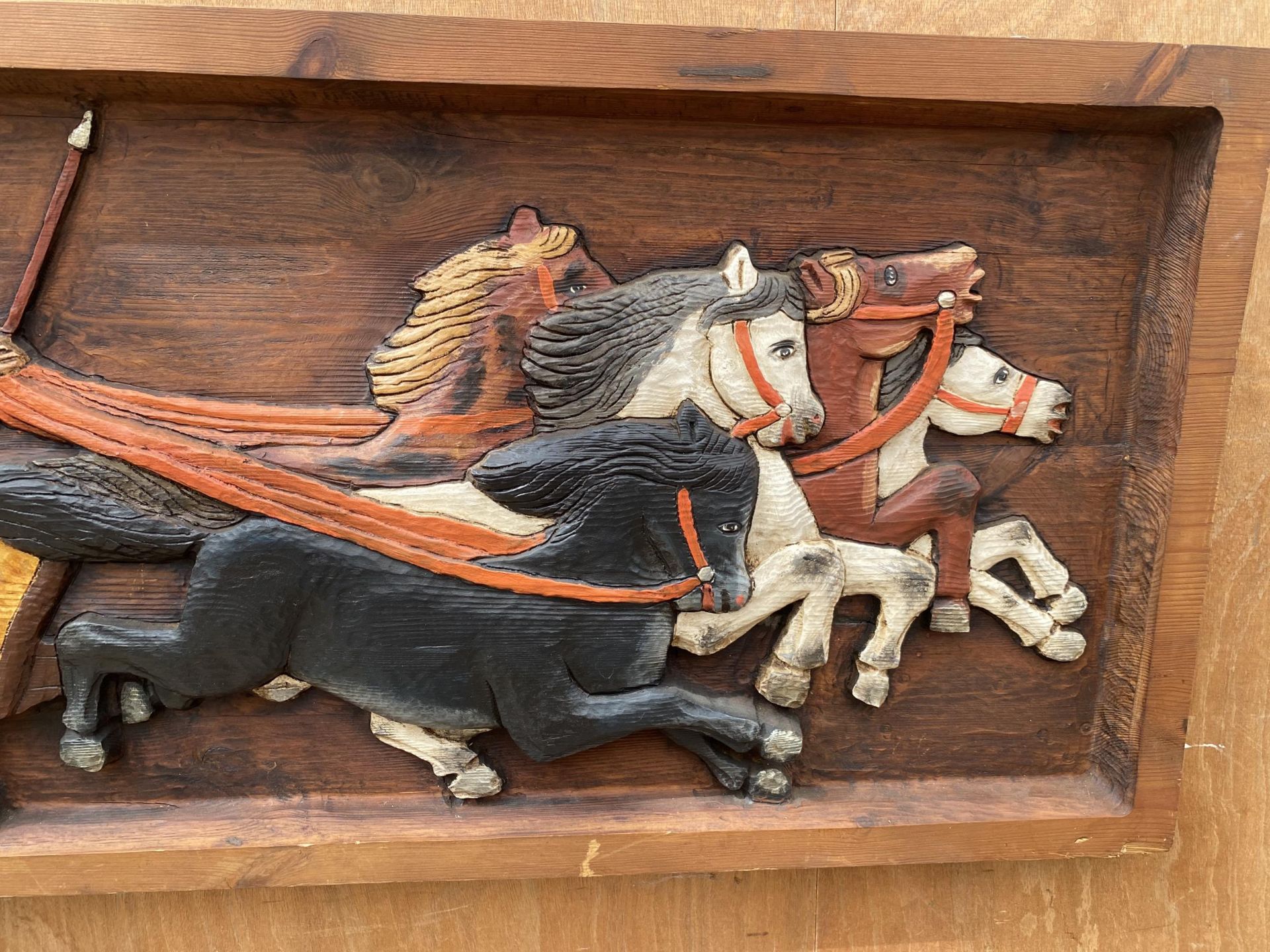 A CARVED WOODEN PLAQUE OF A ROMAN HORSE AND CART - Image 2 of 4