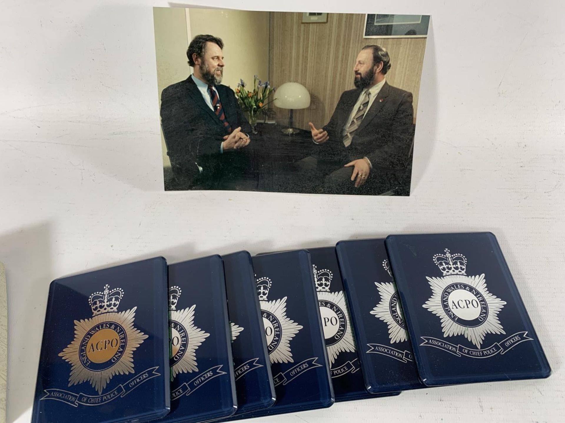 * A BOX OF SEVEN ENGLAND AND WALES ACPO WINE COASTERS, PHOTOGRAPH OF JAMES ANDERTON WITH TERRY WAITE - Image 2 of 7