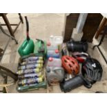 A MIXED LOT TO INCLUDE PETROL CANS, CLEANING SPRAY, BIKE HELMETS ETC