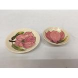 TWO MOORCROFT PINK MAGNOLIA SMALL DISH (9 CM) AND COASTER (12 CM)