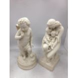 TWO PARIAN WARE FIGURES, ONE OF A MOTHER HOLDING CHILDREN AND THE OTHER TITLED 'JEALOUSY'
