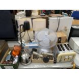 AN ASSORTMENT OF ITEMS TO INBCLUDE A TOASTER, FAN AND LIGHT FITTINGS ETC