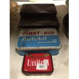 FOUR VINTAGE TINS TO INCLUDE A JOHNSON'S FIRST AID AUTOKIT WITH CONTENTS