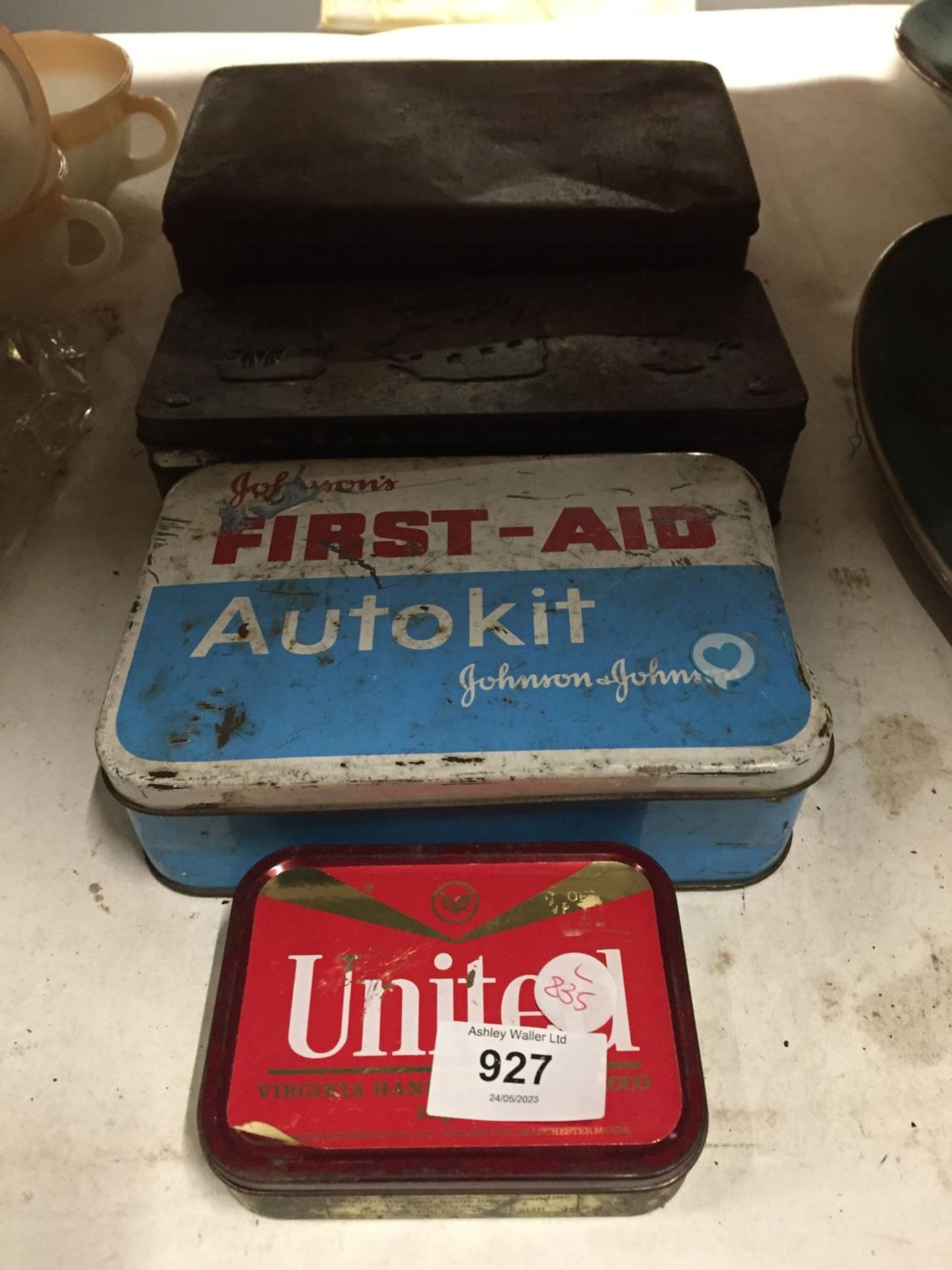 FOUR VINTAGE TINS TO INCLUDE A JOHNSON'S FIRST AID AUTOKIT WITH CONTENTS