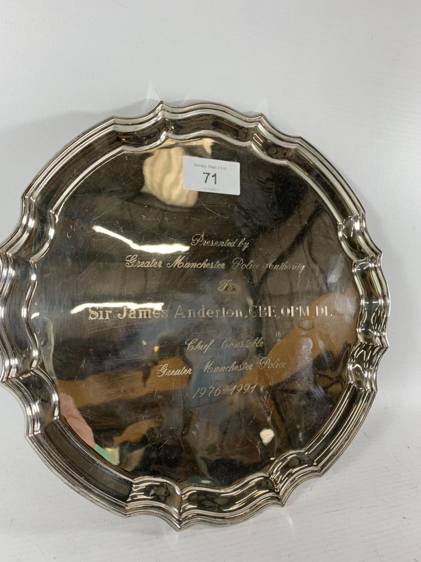 * A HALLMARKED SILVER PRESENTATION TRAY, PRESENTED BY GREATER MANCHESTER POLICE AUTHORITY 1991,